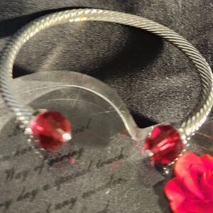 Touchstone Silver BANGLE W/Red Swarowski Crystal Cuff Bracelet, Adjustable